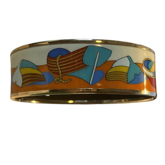 Hermès Thalassa Enamel Bangle Bracelet Silver Tone Wide White Blue Boat Design - Picture 6 of 12